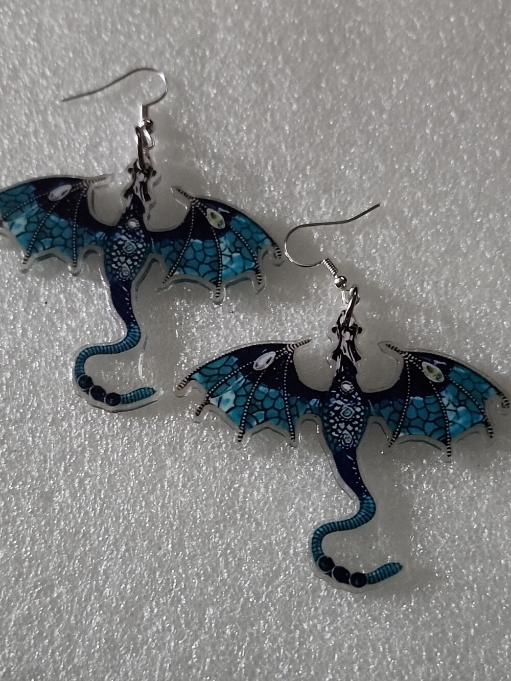 Hand Crafted Blue Teal Dragon Wing Dangle Earrings